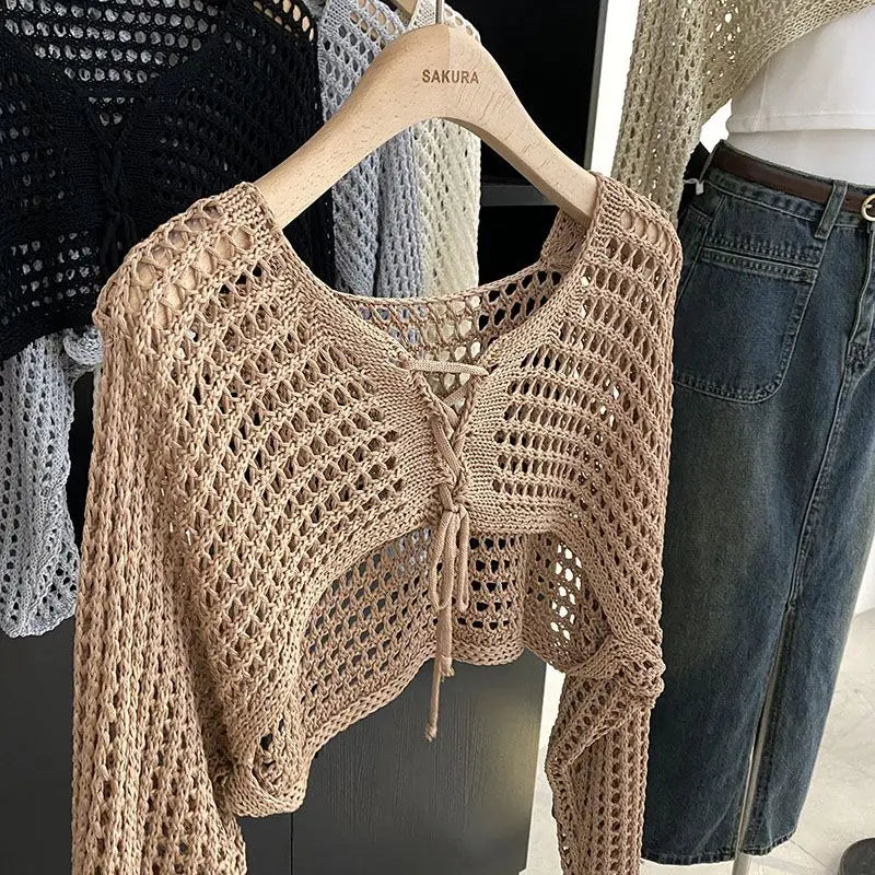 Hollow Out Camisole Knit Sweater Sun Protection Cover Up