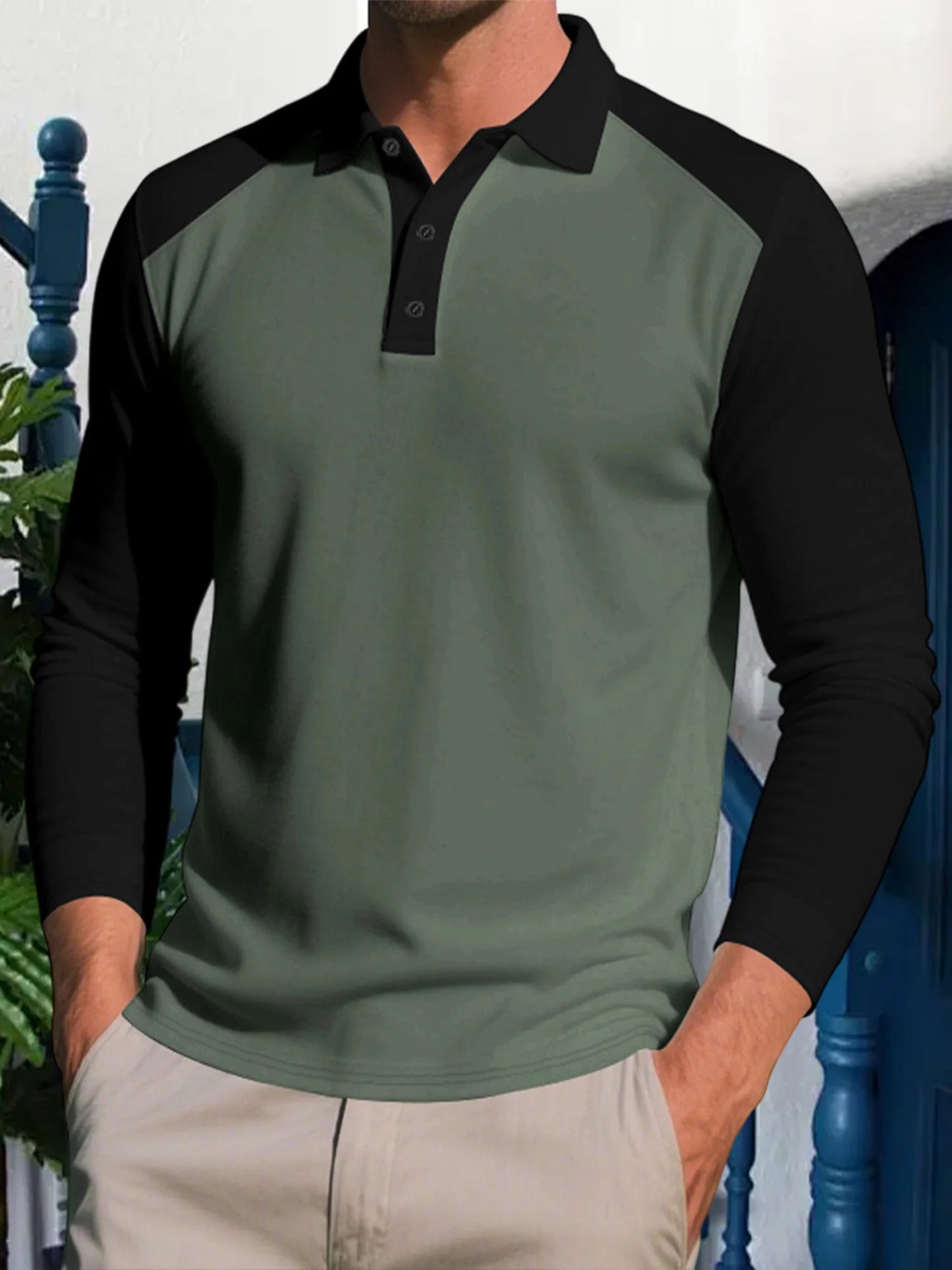 Men Turn Down Collar Long Sleeve Shirt With Contrast