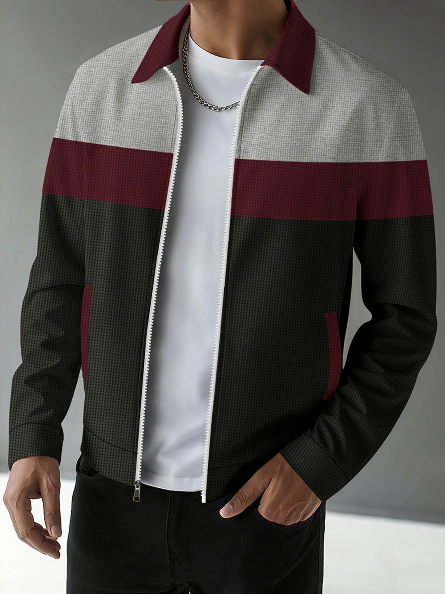 Mens Zip Up Jacket Patchwork Pockets Lapel Collar Outerwear