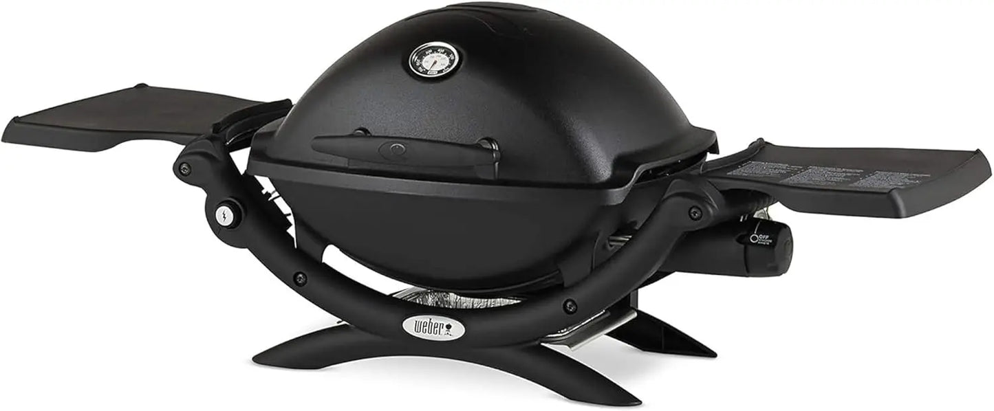 Q1200 Liquid Propane Grill Folding Side Tables Electronic Ignition Lid Thermometer Compact Design