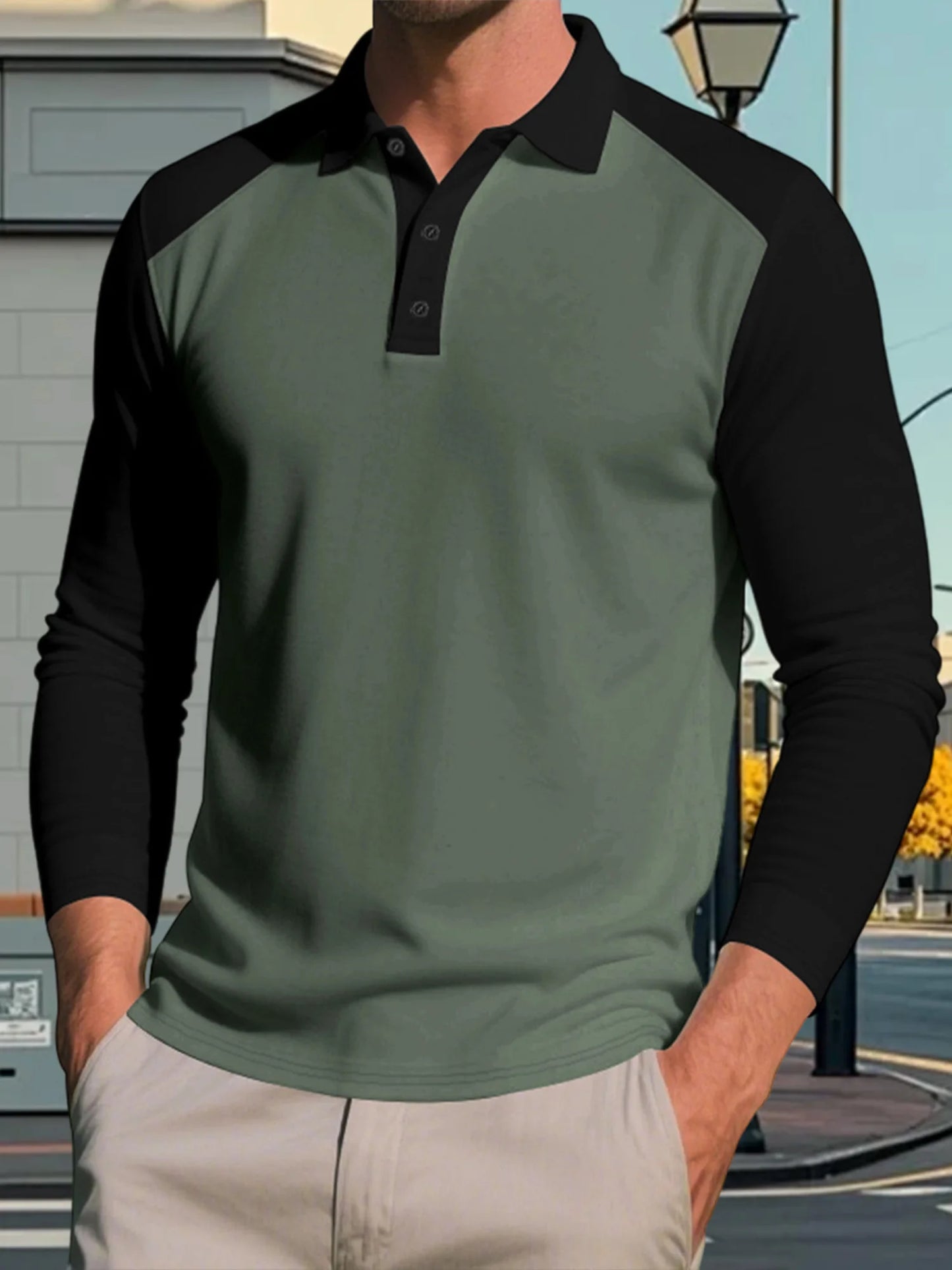 Men Turn Down Collar Long Sleeve Shirt With Contrast