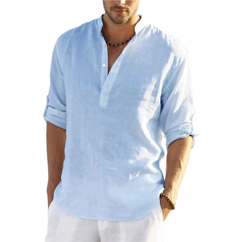 Men's Cotton Linen Casual Shirt Long Sleeve Stand Collar
