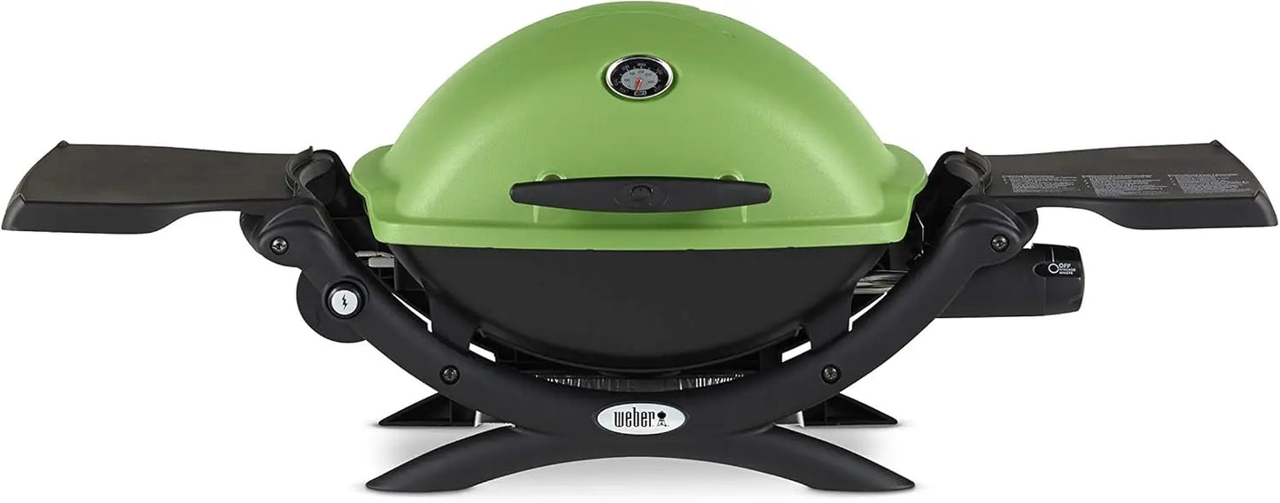 Q1200 Liquid Propane Grill Folding Side Tables Electronic Ignition Lid Thermometer Compact Design