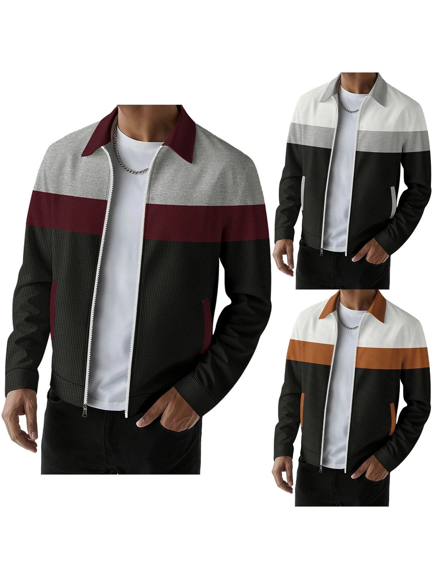 Mens Zip Up Jacket Patchwork Pockets Lapel Collar Outerwear