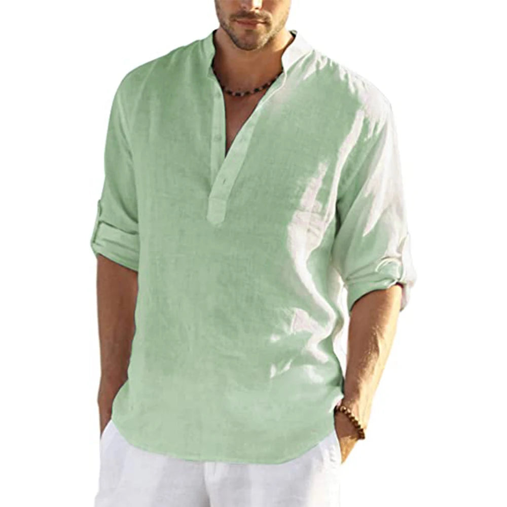 Men's Cotton Linen Casual Shirt Long Sleeve Stand Collar