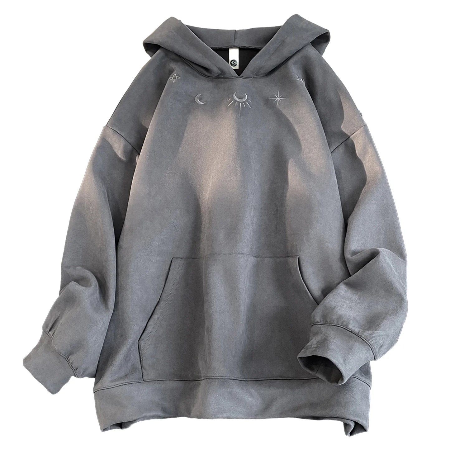 Mens Suede Hoodie Gothic Embroidered Pattern Streetwear