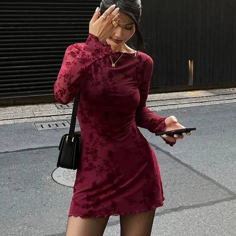 Wine Red O Neck Knit Dress For Women Long Sleeves Print