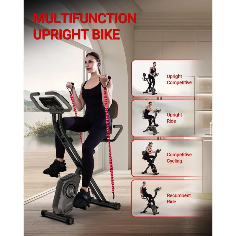 Folding Exercise Bike 350 LBS Capacity, 5 in 1 Bluetooth Stationary Bikes , Magnetic X-Bike with LCD Monitor & Back Support
