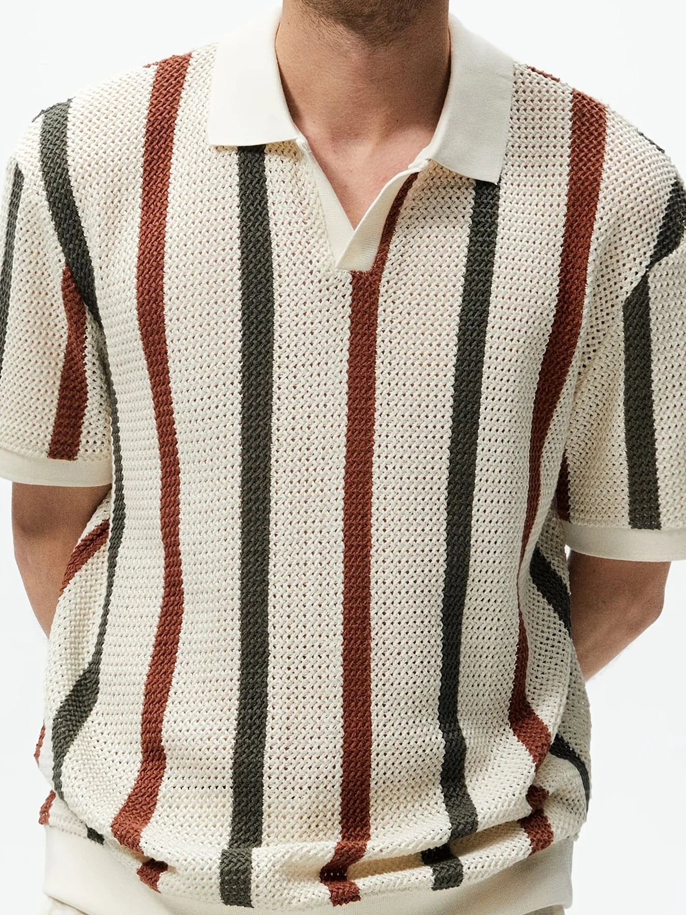 Men's Summer Chunky Knit Short Sleeve Polo With Stripes