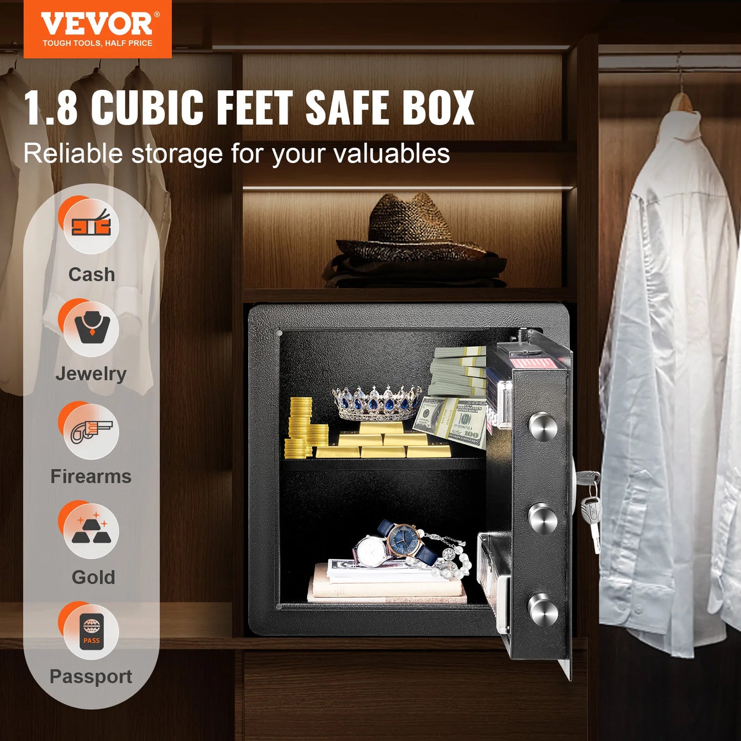 SucceBuy Safe 1.8/2.2 Cubic Feet Steel Security Safe w/ Digital Keypad and 2 Keys Cash Gold Jewelry Document for Home Hotel