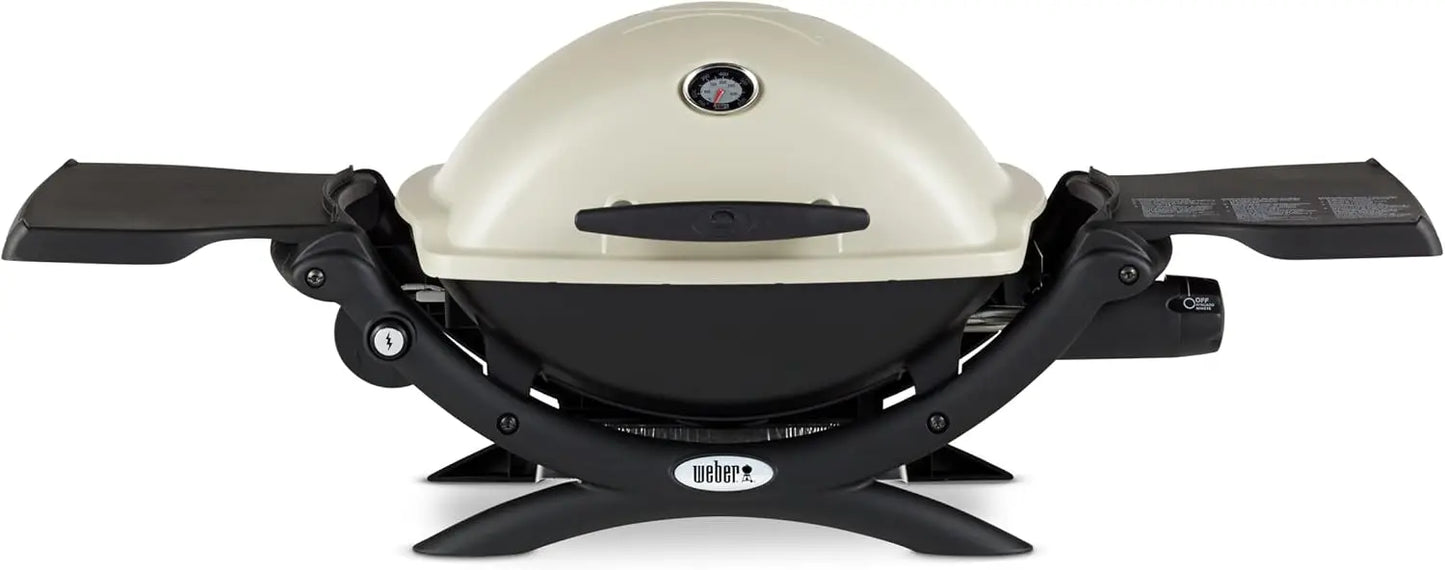 Q1200 Liquid Propane Grill Folding Side Tables Electronic Ignition Lid Thermometer Compact Design