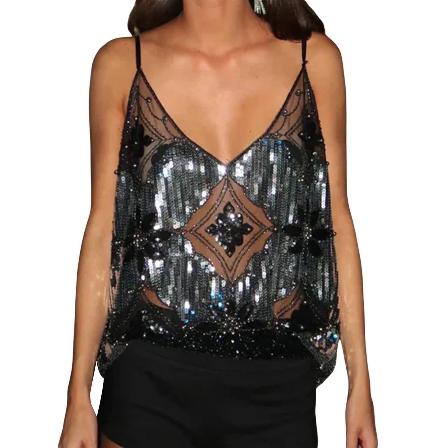 Women Sparkling Sequin Crop Top Sleeveless Camisole
