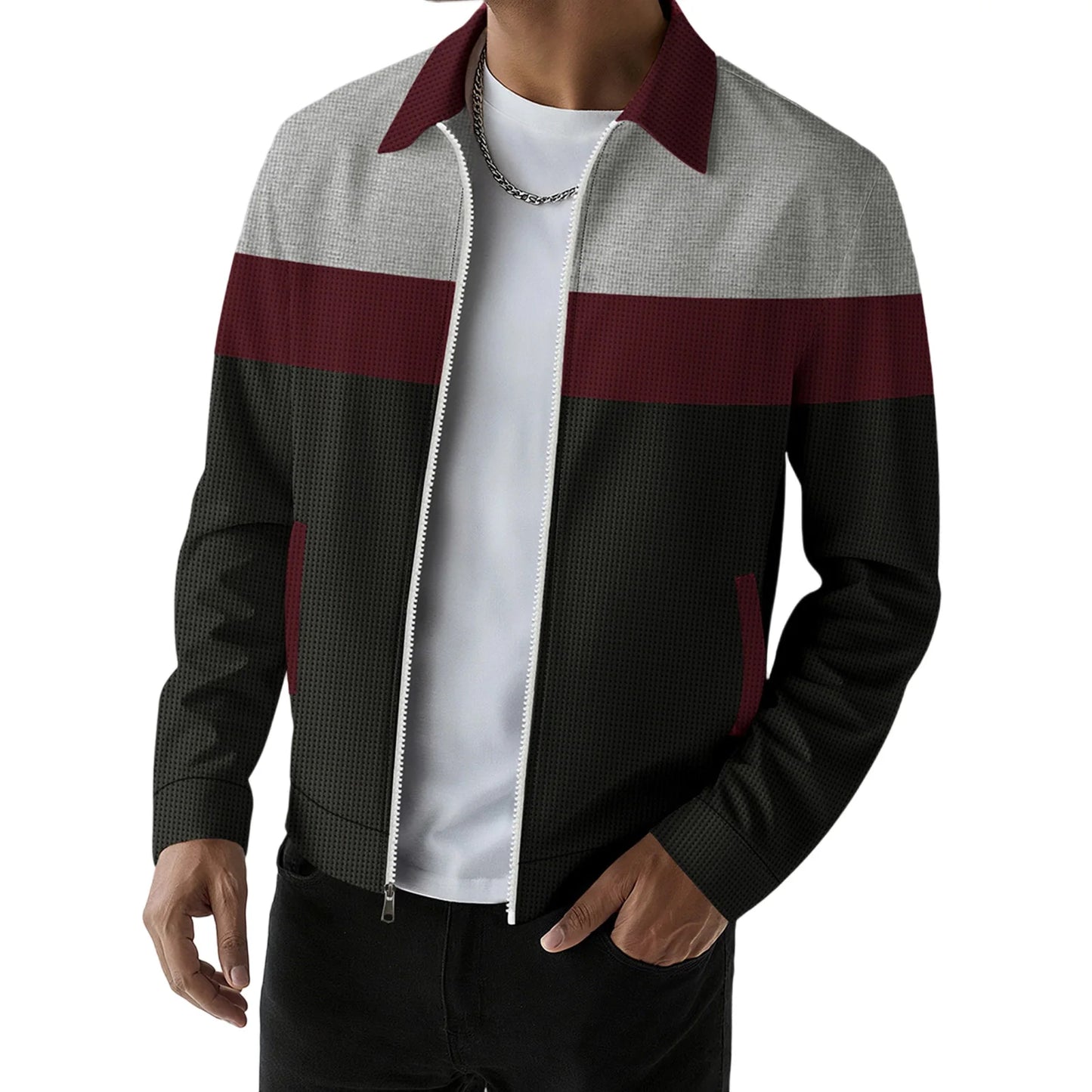 Mens Zip Up Jacket Patchwork Pockets Lapel Collar Outerwear