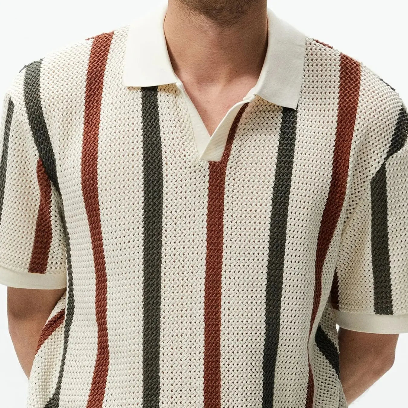 Men's Summer Chunky Knit Short Sleeve Polo With Stripes