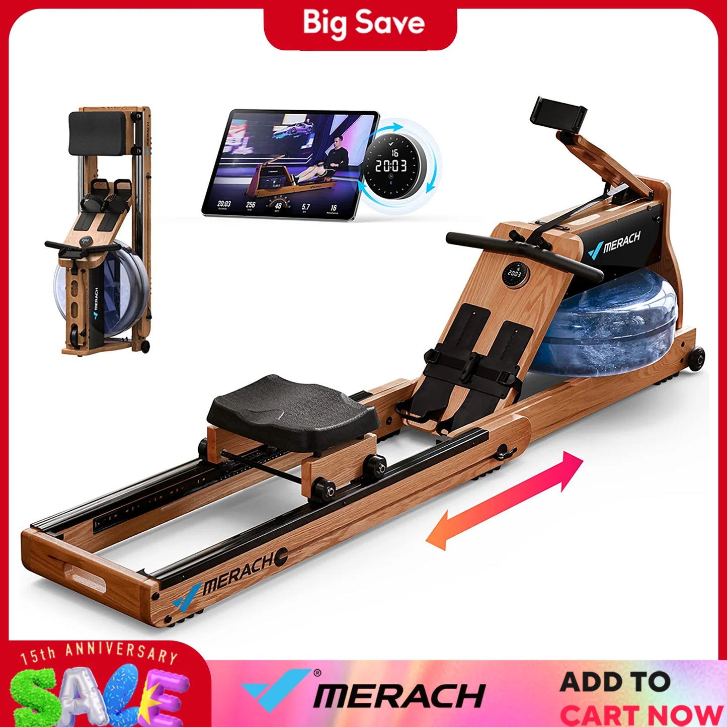 MERACH Foldable Wooden Water Rower with App Membership