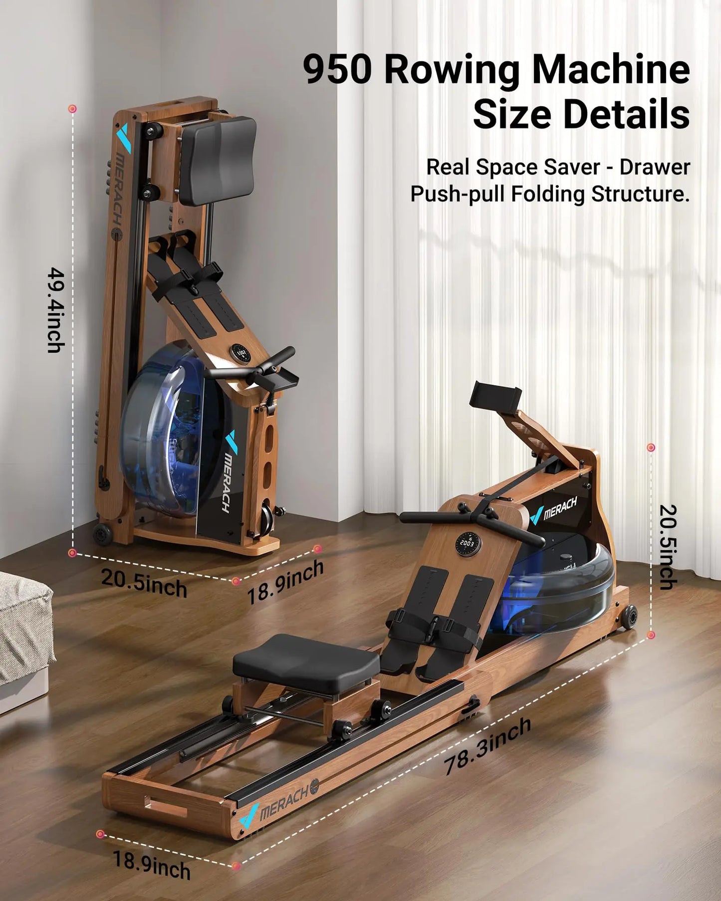 MERACH Foldable Wooden Water Rower with App Membership