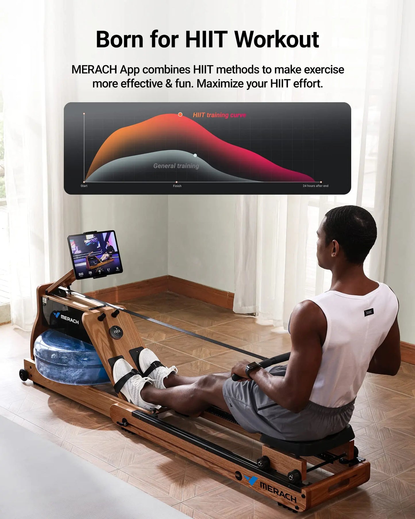 MERACH Foldable Wooden Water Rower with App Membership