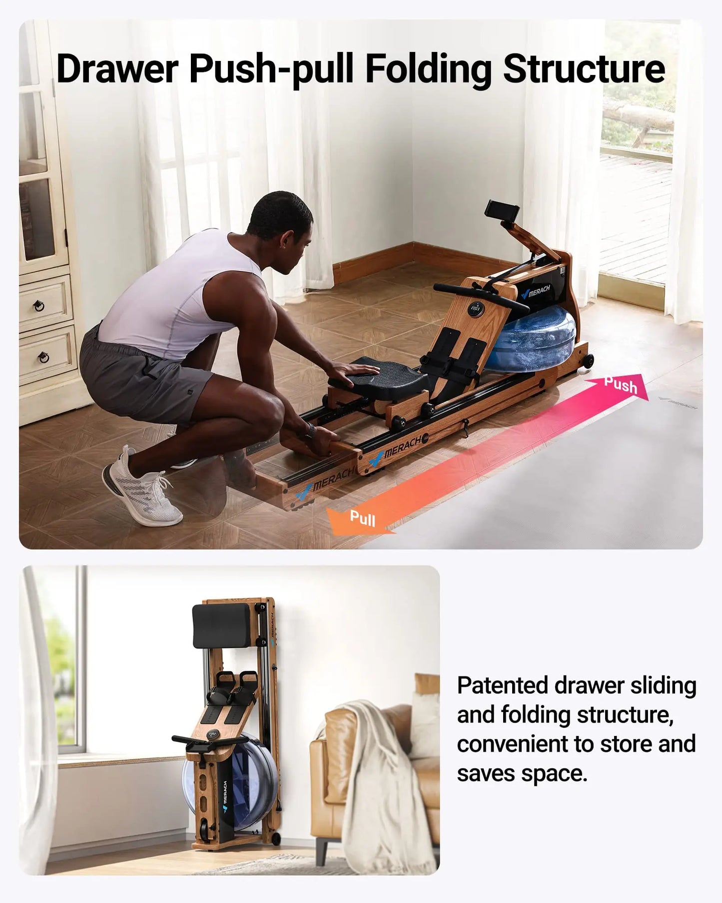 MERACH Foldable Wooden Water Rower with App Membership