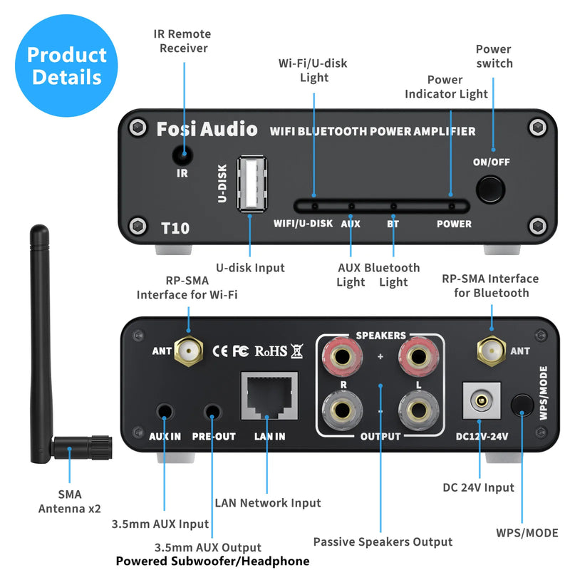 Fosi Audio T10 Wi-Fi Bluetooth Stereo Amplifier 100W