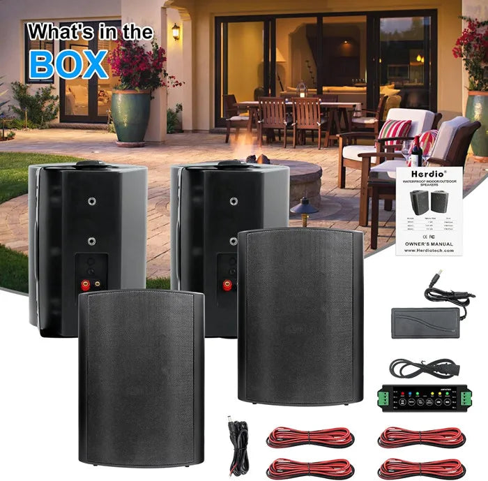Herdio 4PCS 6.5 Inch 800W Waterproof Outdoor Bluetooth Speakers Wall Mounted Sound System for Patio, perfect for outdoor gatherings.