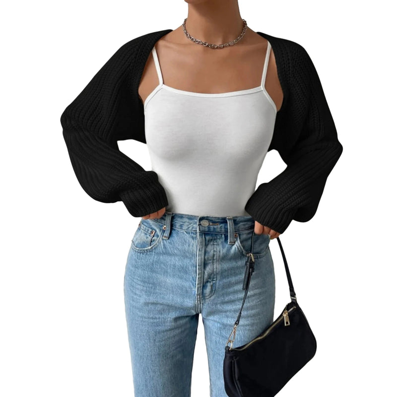 Women Open Front Cropped Cardigan Long Sleeve Knit Shrug