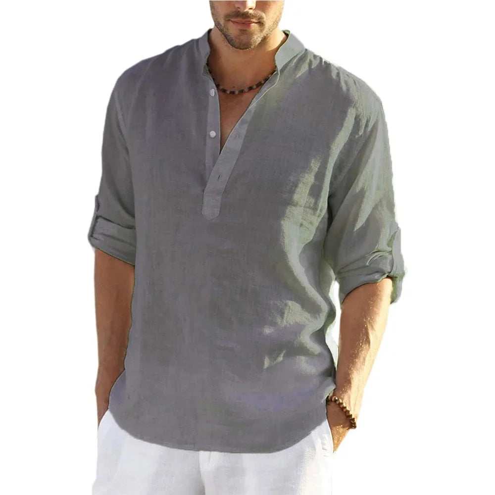 Men's Cotton Linen Casual Shirt Long Sleeve Stand Collar