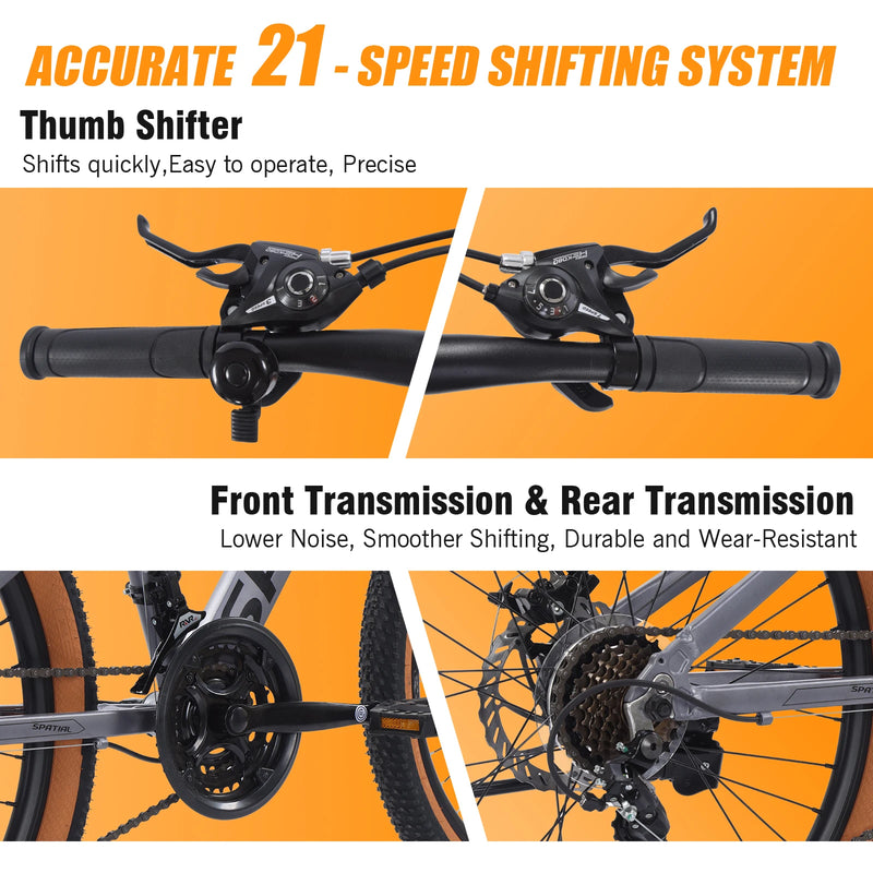 SPATIAL Mountain Bike 24 Inch, 21 Speed Aluminum Frame Lightweight Bike,Dual Disc Brake Bicycle for Teenager