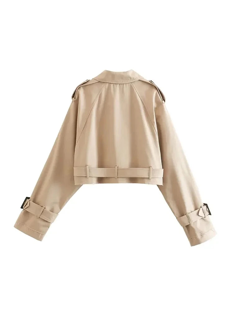 Cropped Trench Coat Women Belt Double Breasted Spring