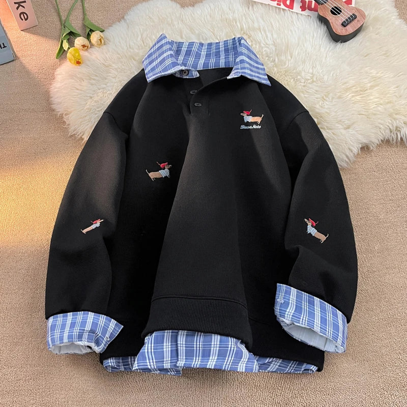 Plaid Patchwork Polo Collar Hoodie Sweatshirt Men Women