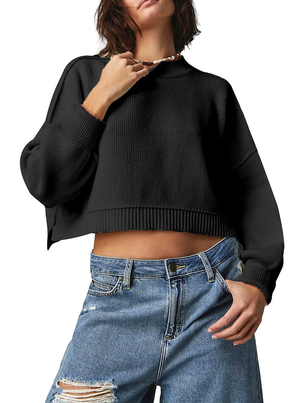 Women Autumn Cropped Knit Top Ribbed Round Neck Long Sleeve