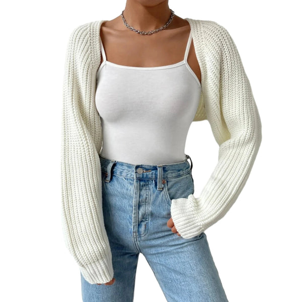 Women Open Front Cropped Cardigan Long Sleeve Knit Shrug