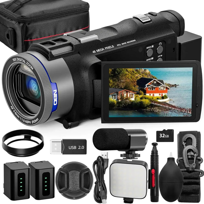 NBD 4K Camcorder Video Camera with 48MP Vlogging Camera With Wi-Fi & App Control,Video Recorder with 3X Battery Life, 16X Zoom