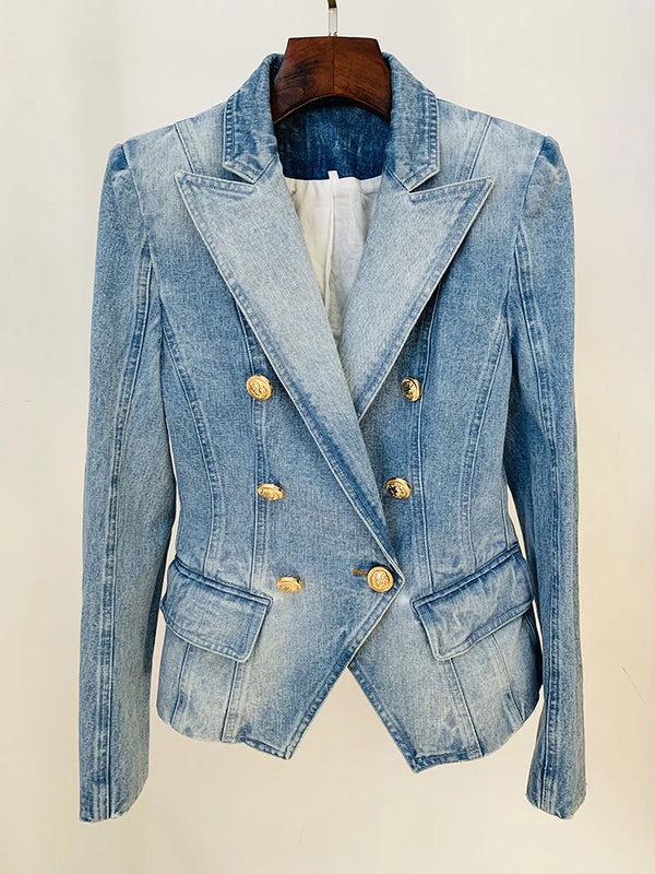 High Street Denim Blazer Women Double Breasted Lion Buttons