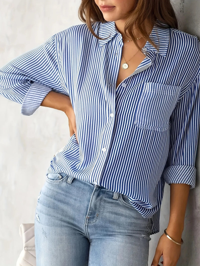 Womens Striped Shirt With Pockets Long Sleeves All Seasons