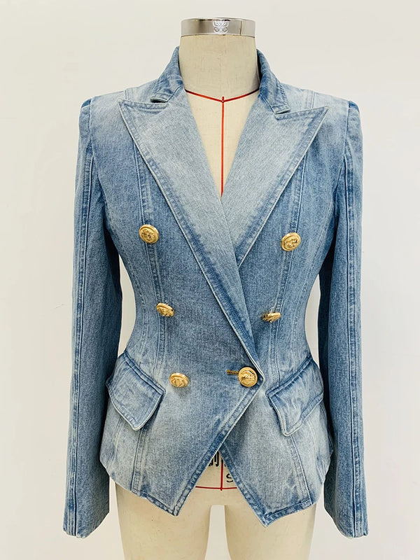 High Street Denim Blazer Women Double Breasted Lion Buttons