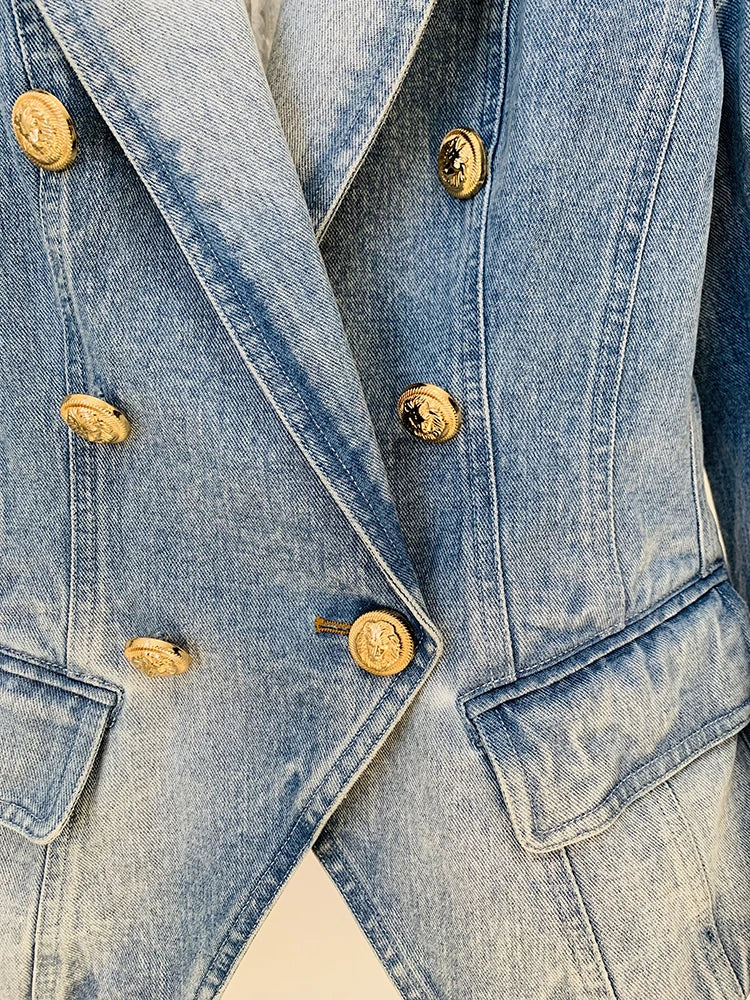 High Street Denim Blazer Women Double Breasted Lion Buttons