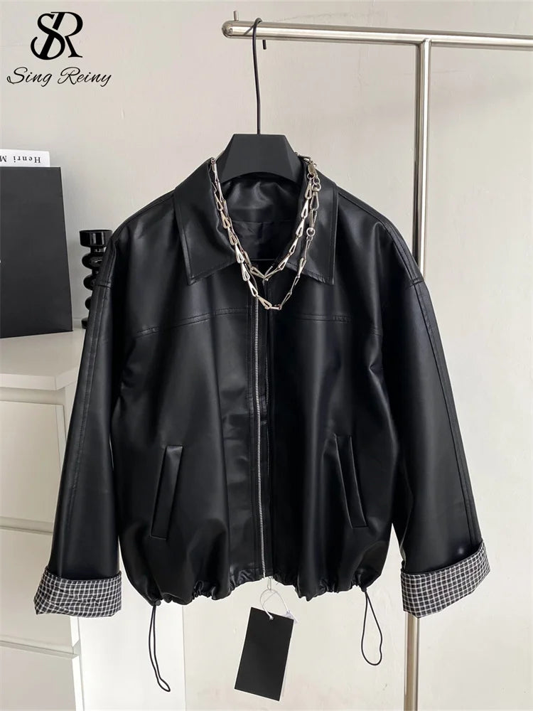 Singreiny Moto Biker Windbreaker PU Leather Jacket Style
