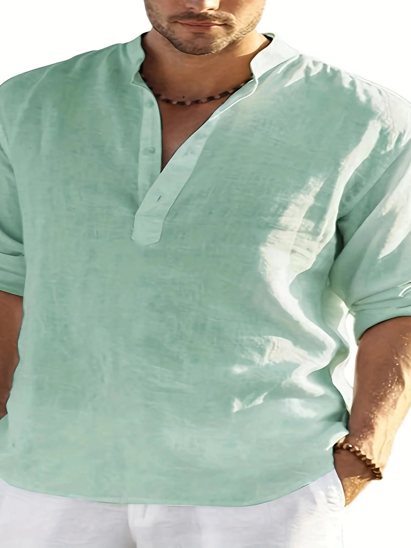 Men's Linen Stand Collar Long Sleeve T-Shirt Loose Fit; Solid Color Long Sleeve Cotton Linen Shirt