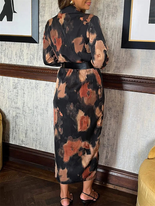 Women s Long Sleeve Tie-Dye Print V-Neck Wrap Dress with Belt for Cocktail Party and Streetwear Fashion