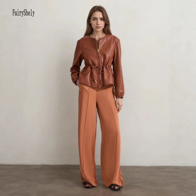 Brown PU Leather Jacket Women Y2K Zipper Cropped Outwear