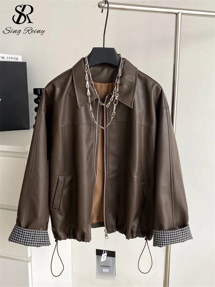 Singreiny Moto Biker Windbreaker PU Leather Jacket Style