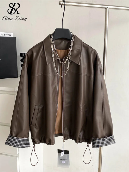 Singreiny Moto Biker Windbreaker PU Leather Jacket Style