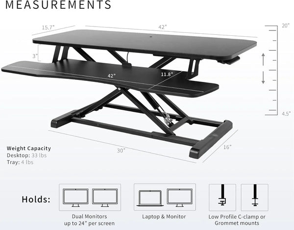 42 inch Desk Converter, K Series, Height Adjustable Sit to Stand Riser, Dual Monitor and Laptop Workstation with Keyboard Tray