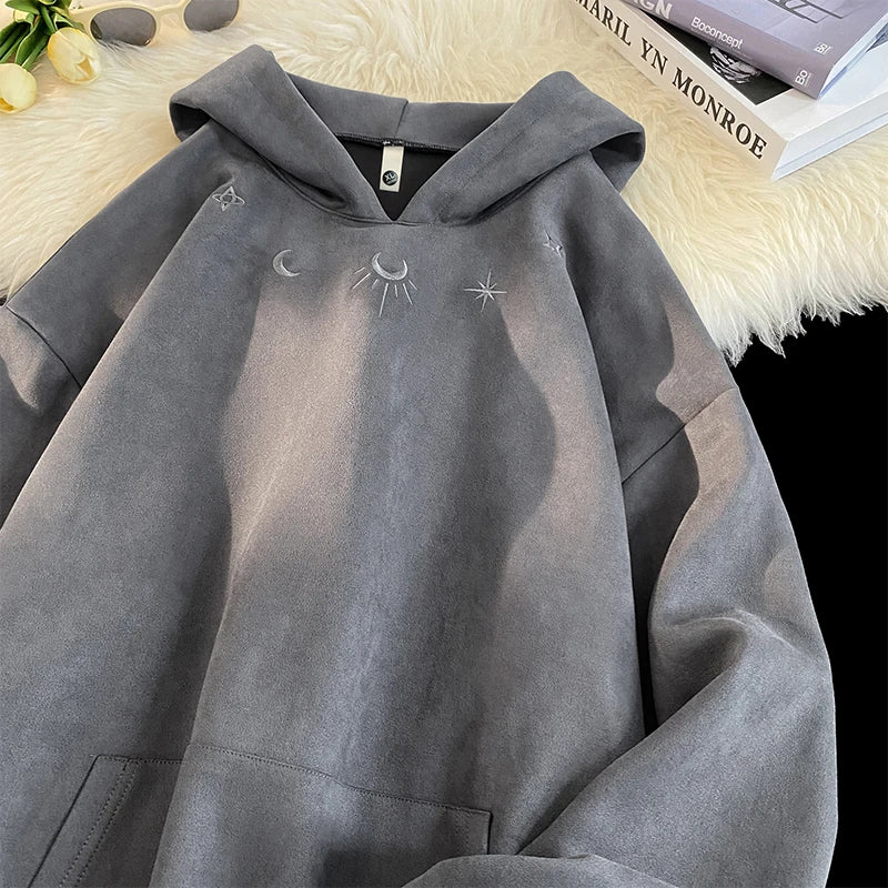 Mens Suede Hoodie Gothic Embroidered Pattern Streetwear