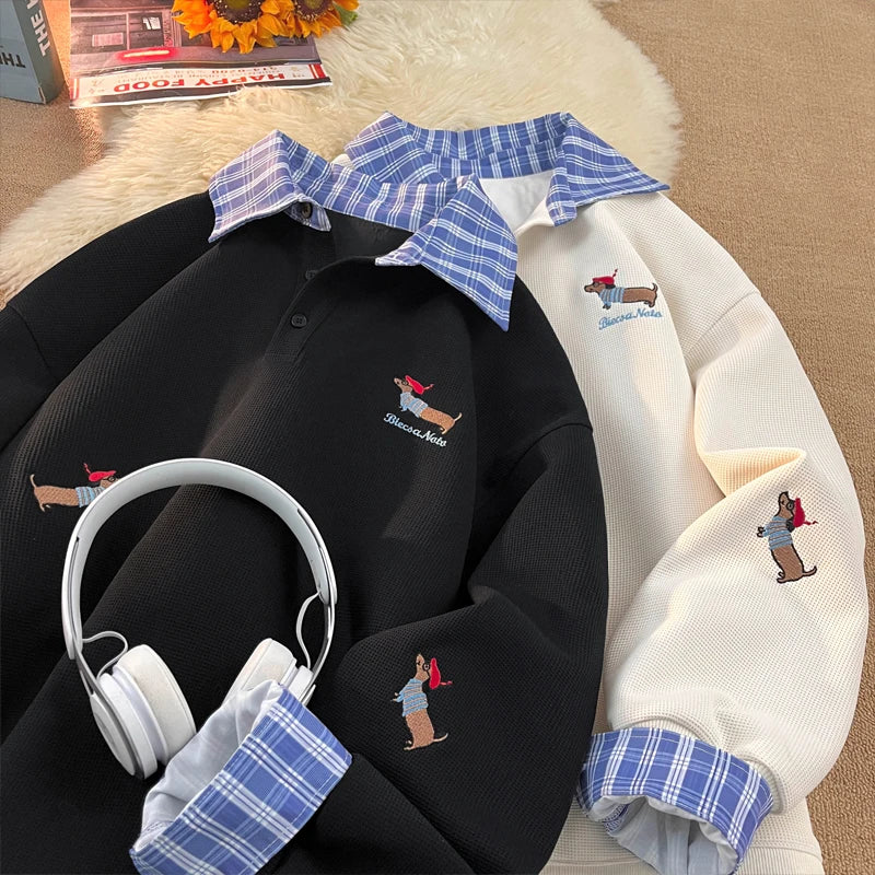 Plaid Patchwork Polo Collar Hoodie Sweatshirt Men Women