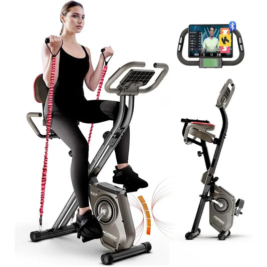 Folding Exercise Bike 350 LBS Capacity, 5 in 1 Bluetooth Stationary Bikes , Magnetic X-Bike with LCD Monitor & Back Support