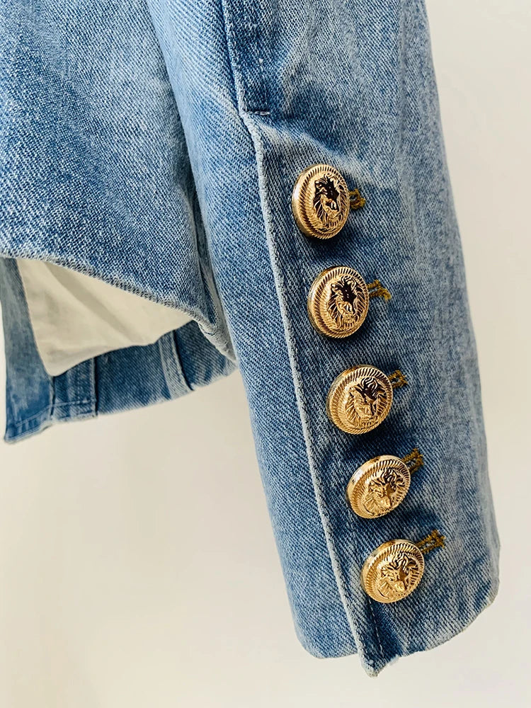 High Street Denim Blazer Women Double Breasted Lion Buttons