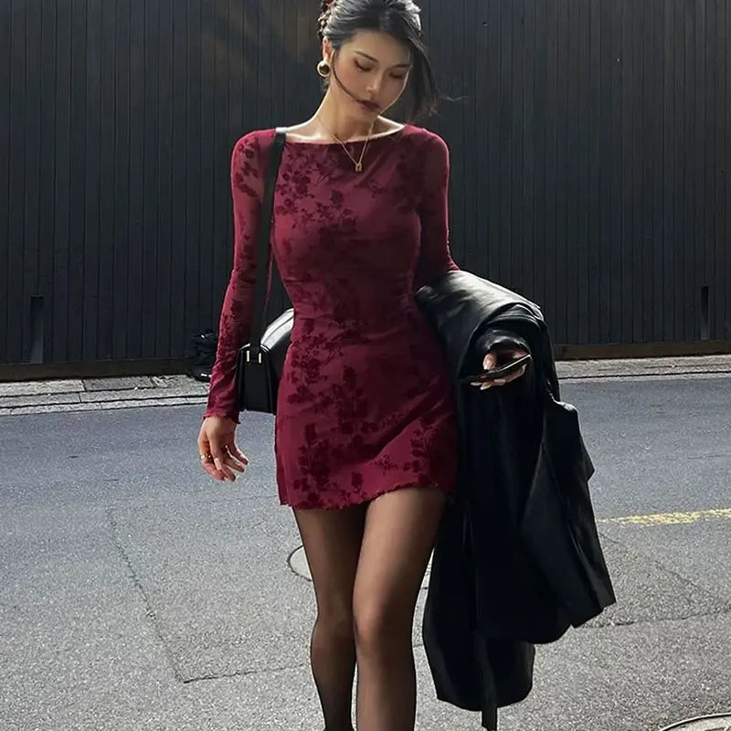 Wine Red O Neck Knit Dress For Women Long Sleeves Print