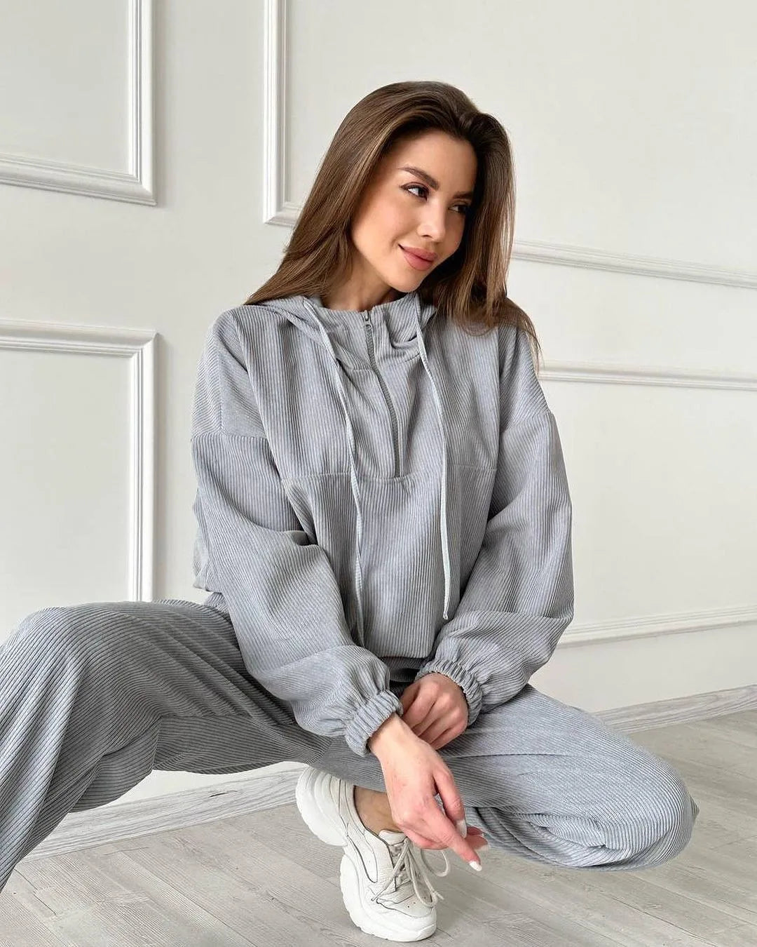 Hooded Drawstring Two Piece Set For Women Autumn Winter
