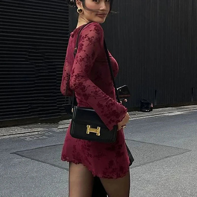 Wine Red O Neck Knit Dress For Women Long Sleeves Print